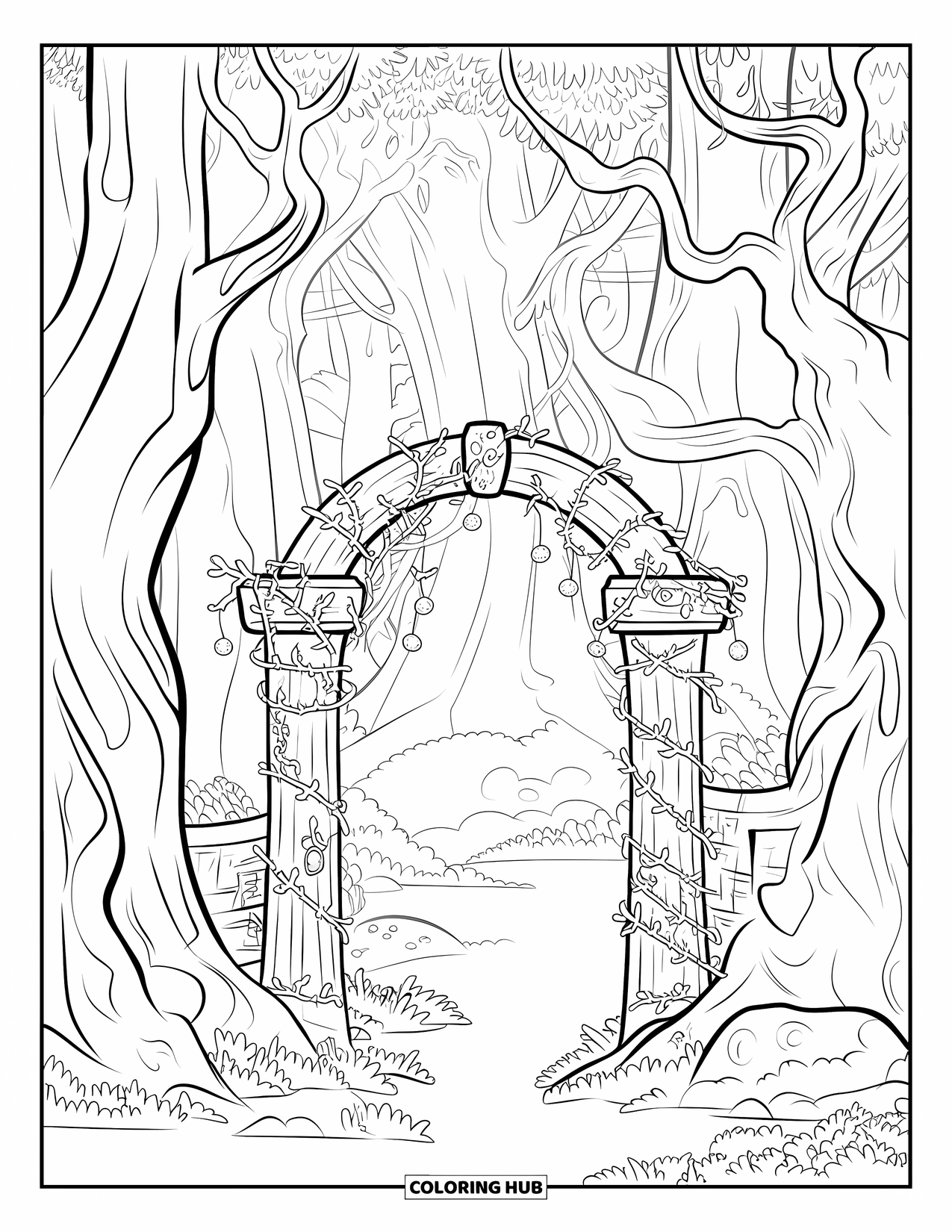 Enchanted Forest Coloring Page for Kids: Gate between ancient trees with vines, leaves, and rocky ground