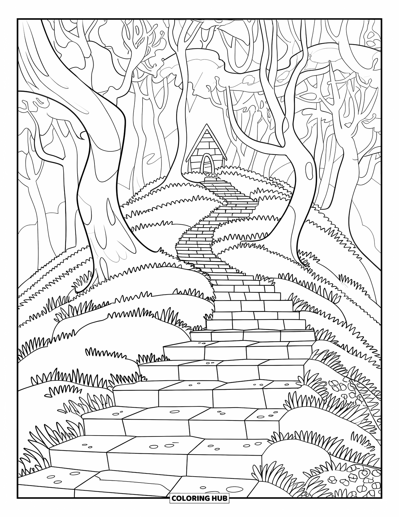 Enchanted Forest Coloring Page for Kids: Hilltop path with stone stairs and a pointed-roof cottage