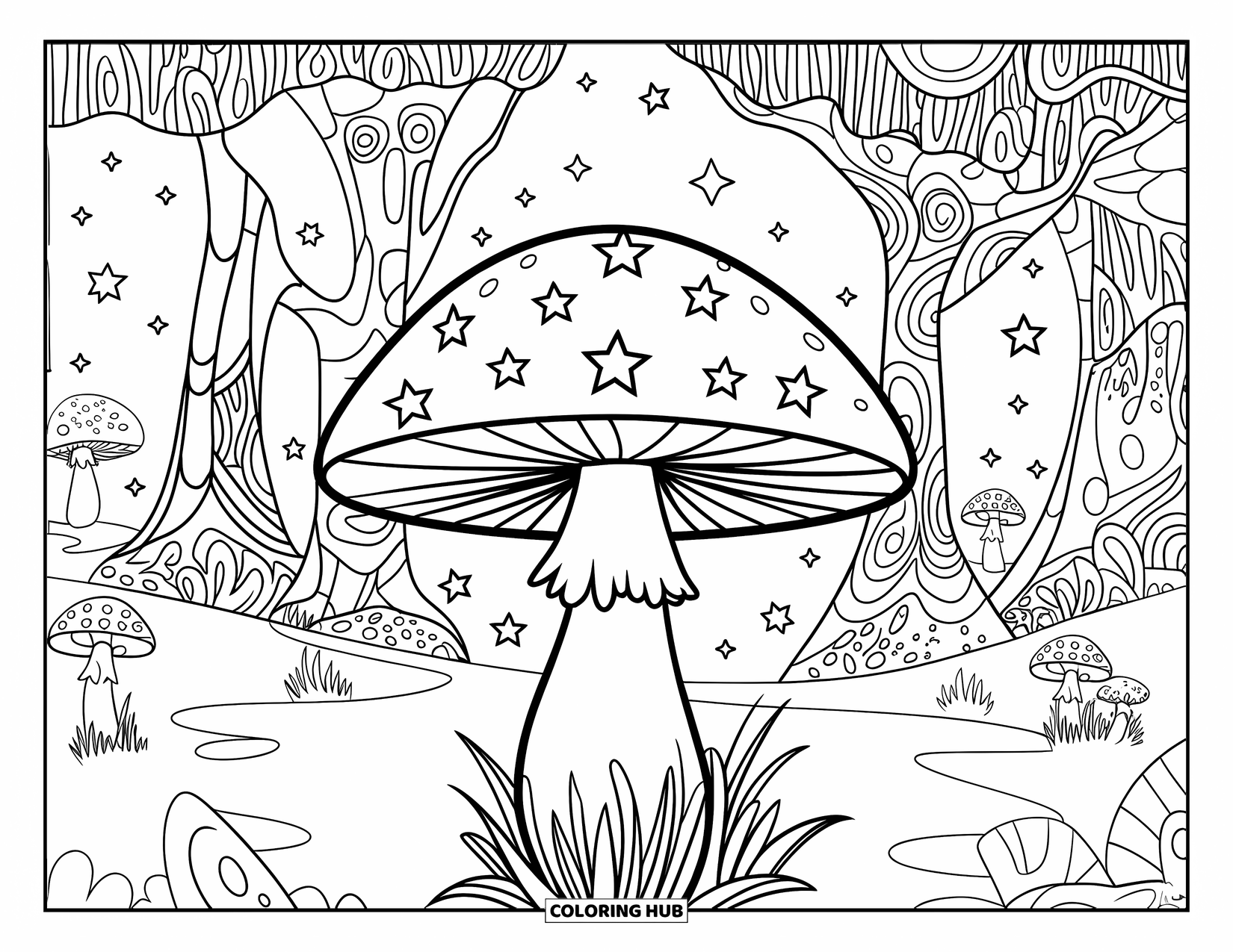 Enchanted Forest Coloring Page for Kids: Large mushroom surrounded by stars and tall forest trees