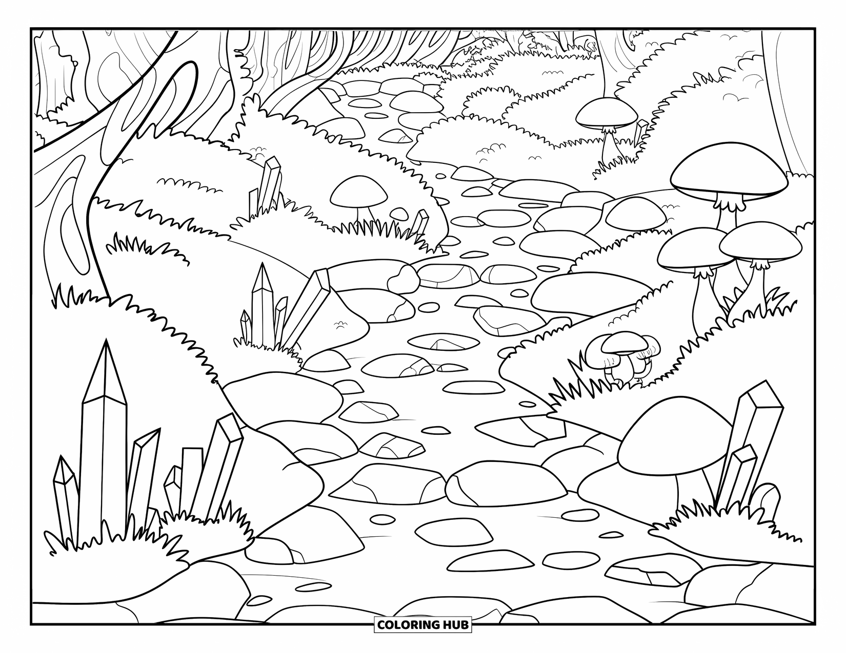 Enchanted Forest Coloring Page for Kids: Rocky streambed with mushrooms and crystals in a magical forest