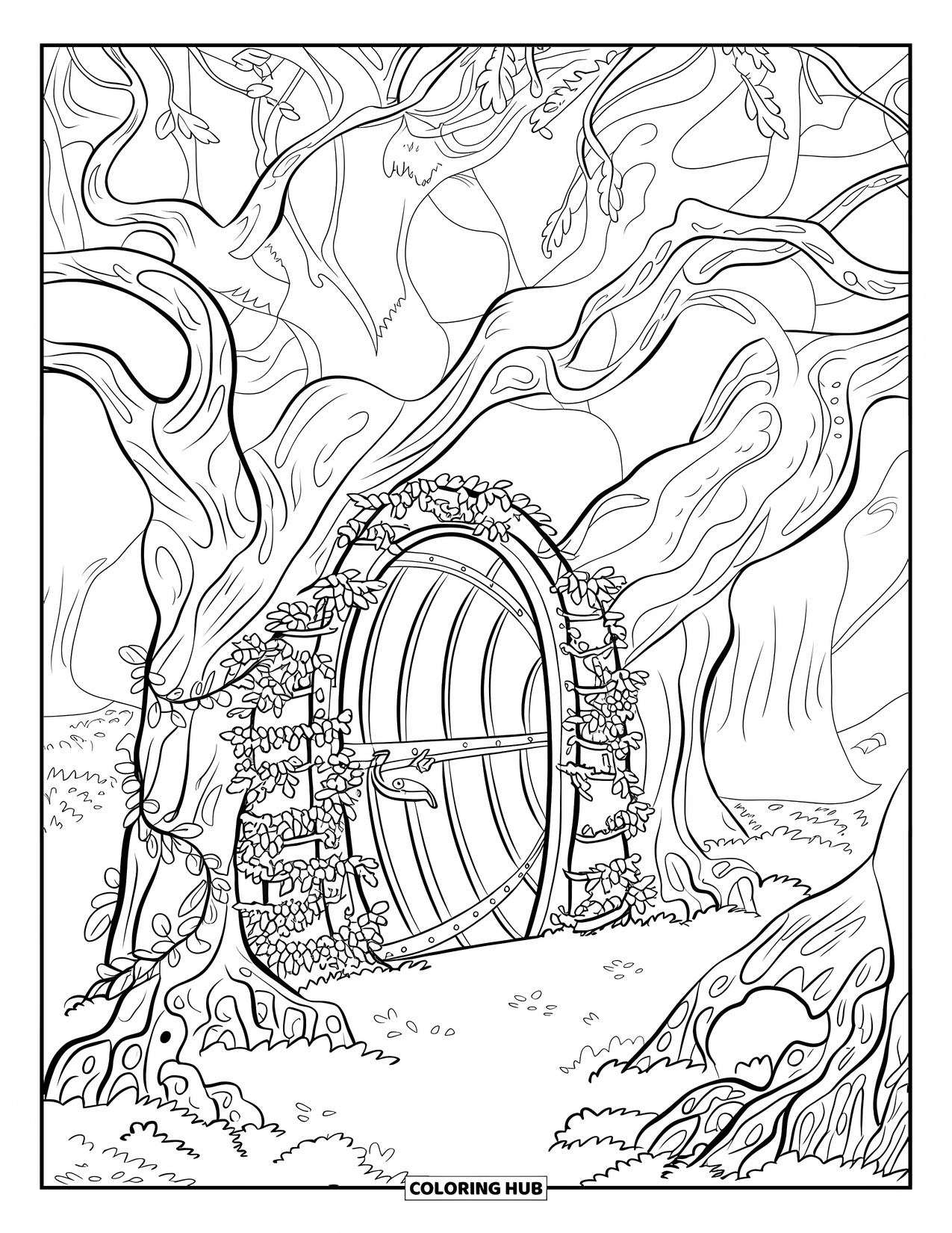 Enchanted Forest Coloring Page for Kids: Rusty forest gate with gnarled trees and a mysterious vibe
