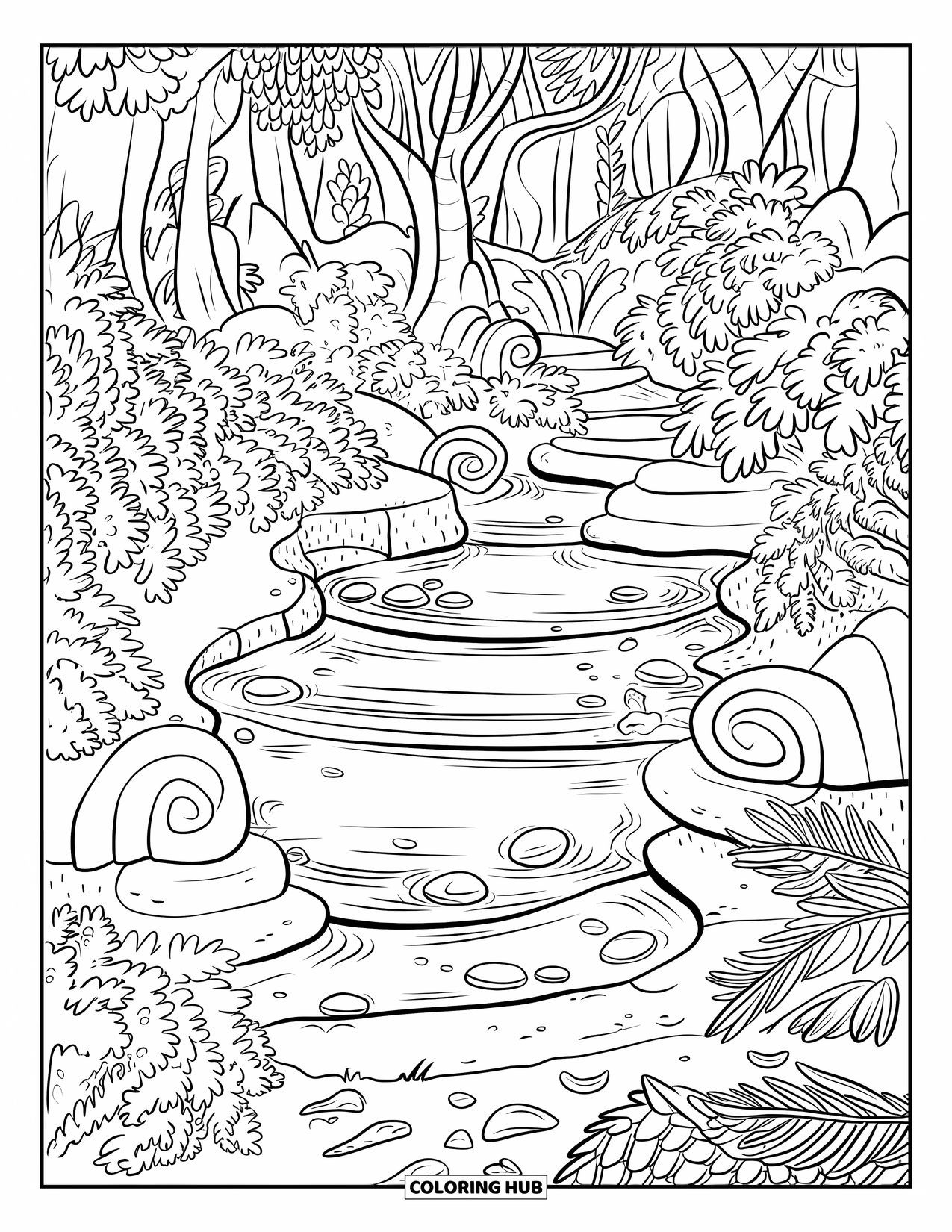 Enchanted Forest Coloring Page for Kids: Spiral stones and plants surround a spring in a dense forest
