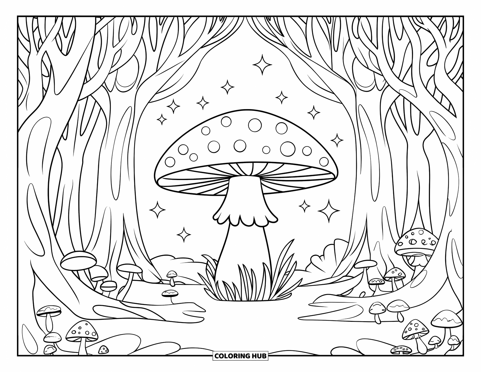 Enchanted Forest Coloring Page for Kids: Starry forest with a giant mushroom and small scattered fungi