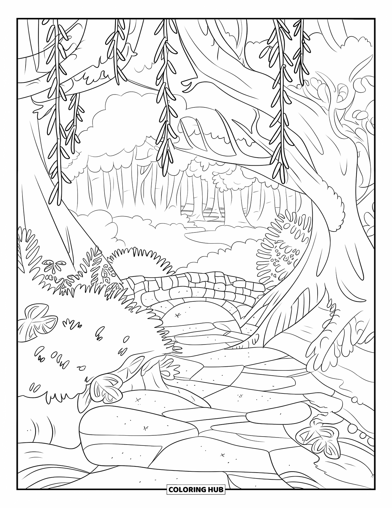 Enchanted Forest Coloring Page for Kids: Stone bridge path hidden under vines in a misty forest