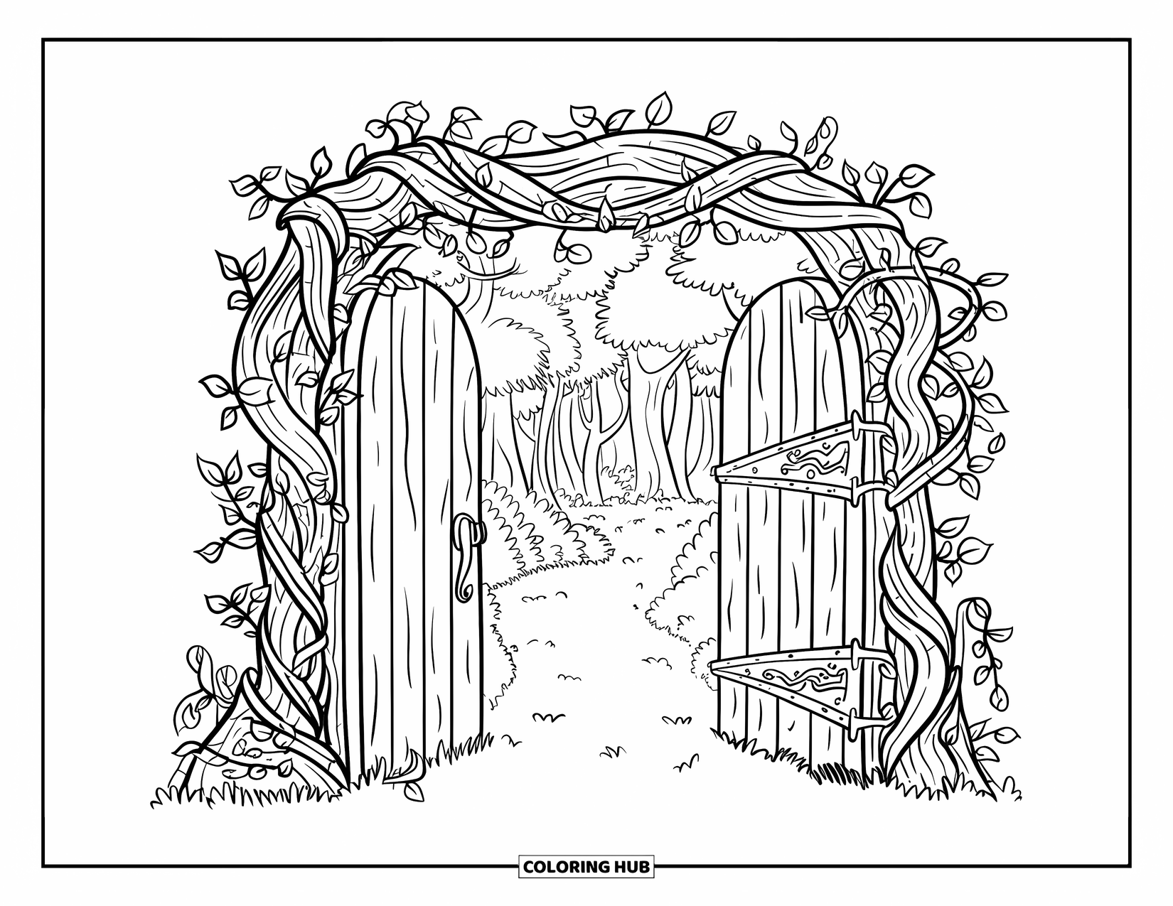 Enchanted Forest Coloring Page for Kids: Thick vine gate leading to a narrow forest path