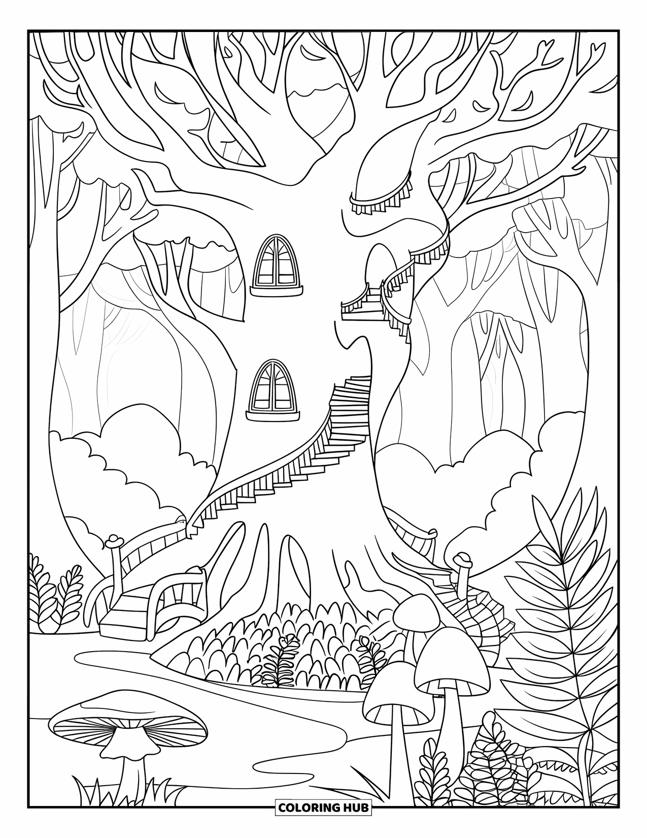 Enchanted Forest Coloring Page for Kids: Tree with carved windows and bridge in a misty forest