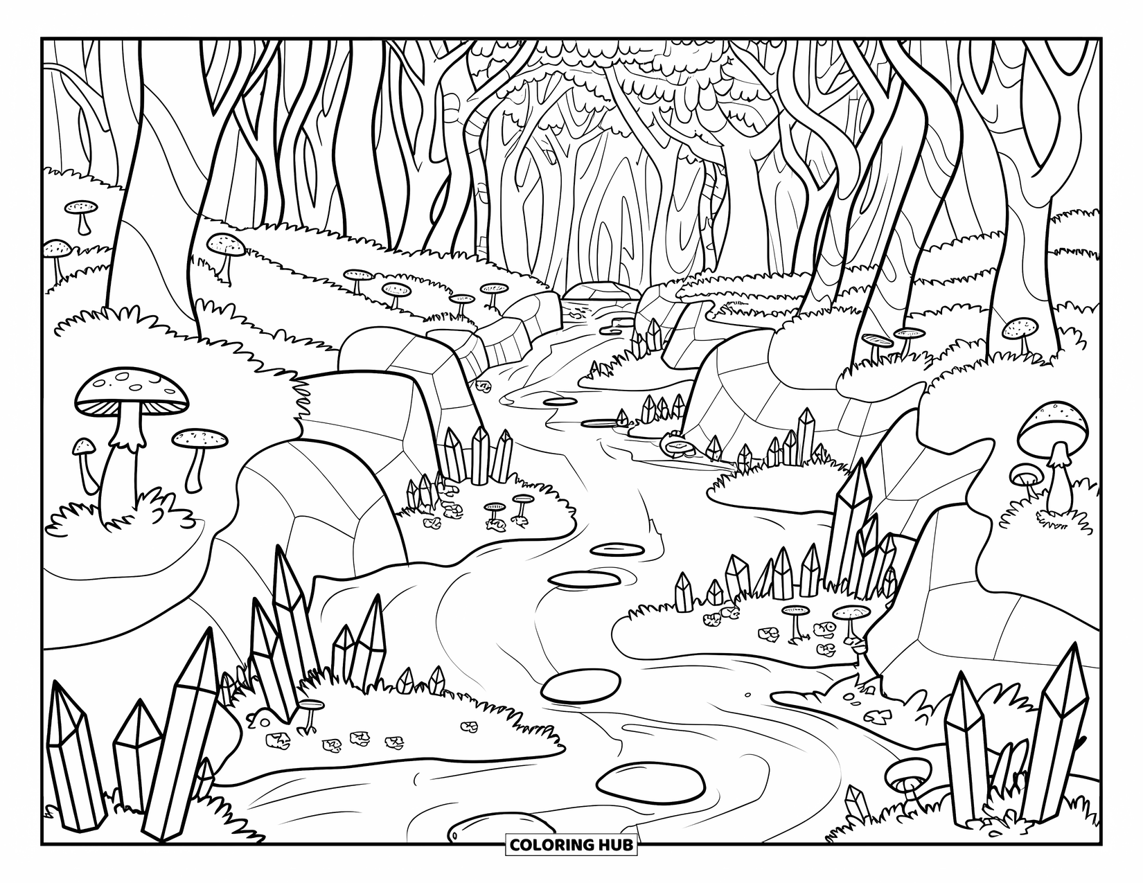 Enchanted Forest Coloring Page for Kids: Twisted trees and mossy rocks surround a crystal-lined stream