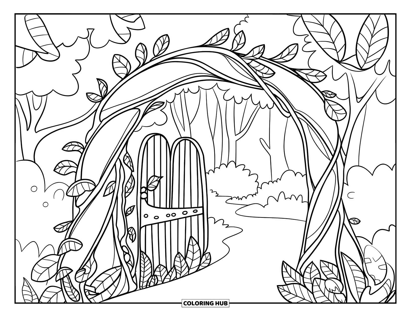 Enchanted Forest Coloring Page for Kids: Vine gate with big leaves opening into a leafy forest