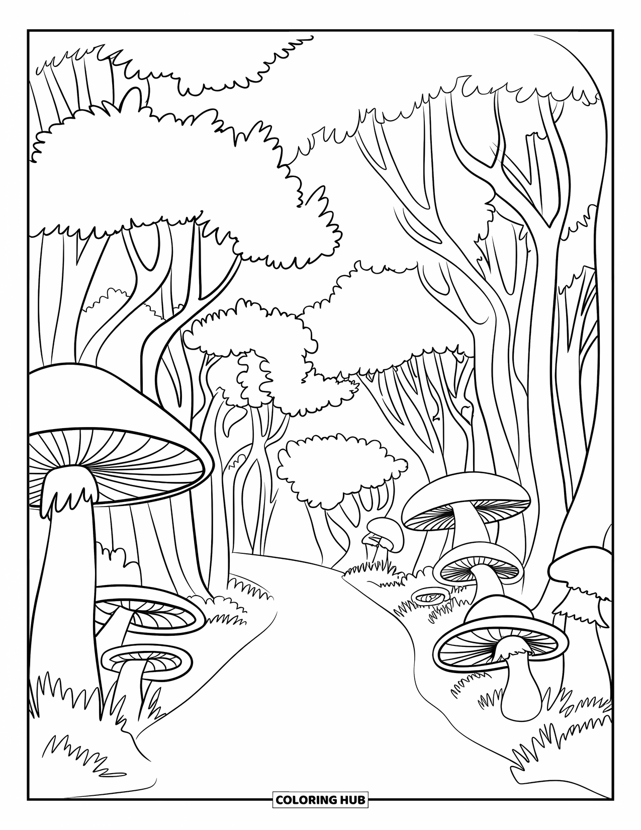 Enchanted Forest Coloring Page for Kids: Wide forest path with tall trees and giant mushrooms