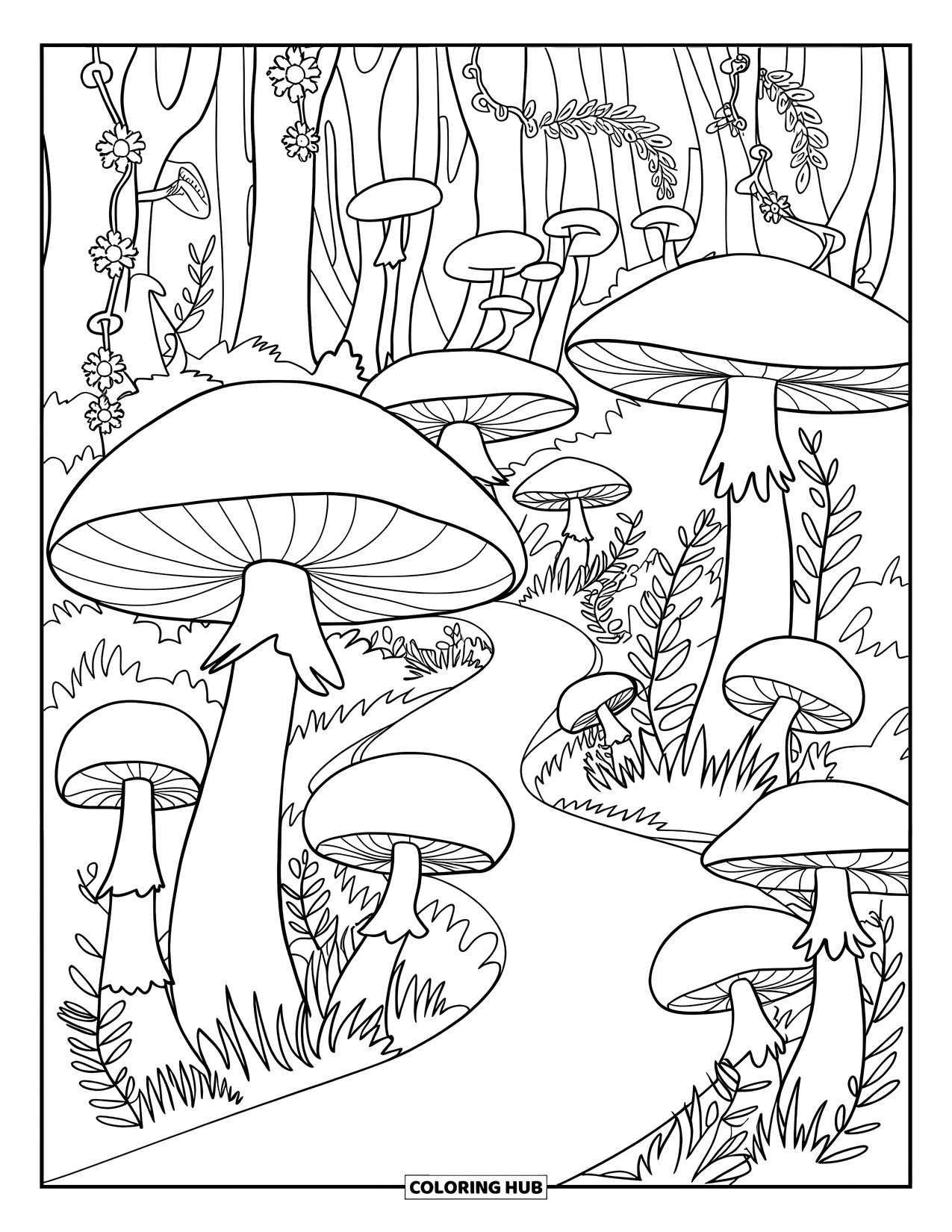 Enchanted Forest Coloring Page for Kids: Winding trail lined with tall mushrooms and flowering vines