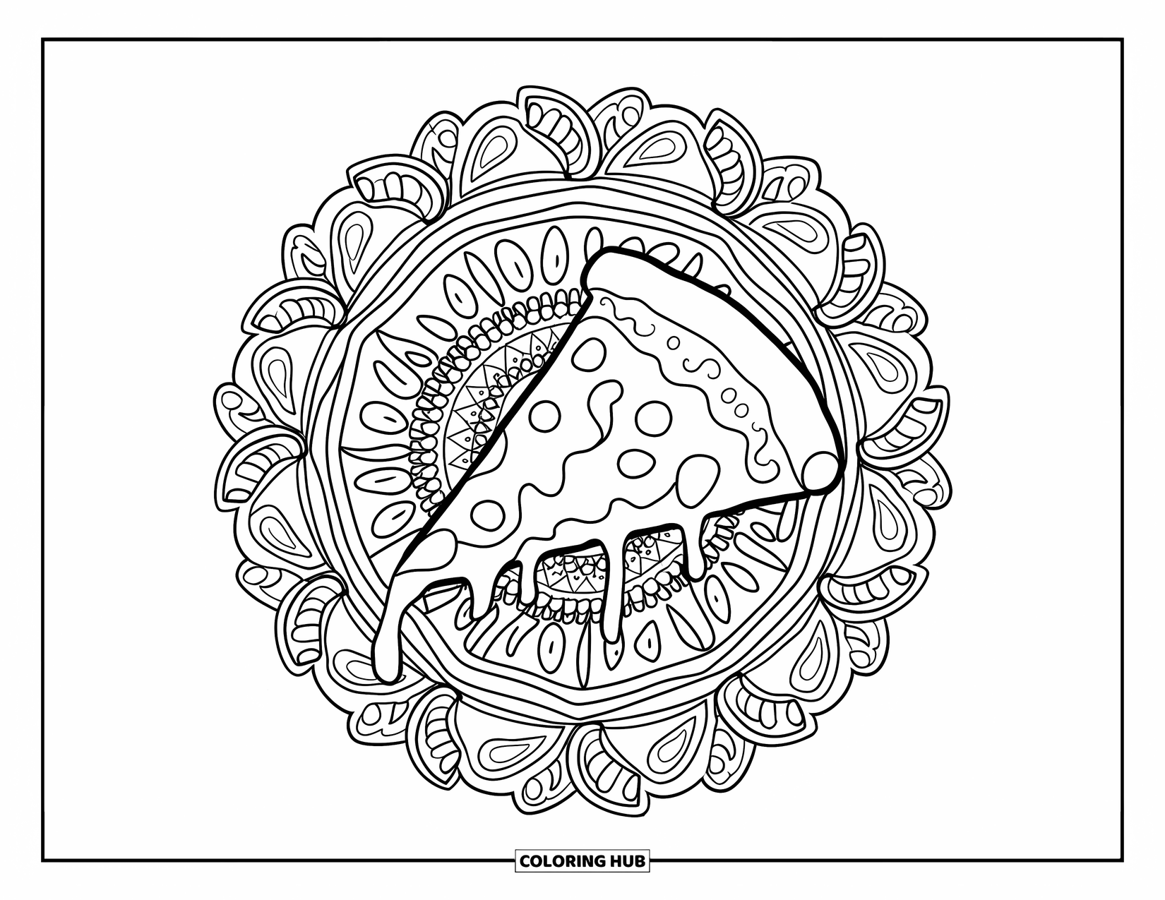 Fast Food Coloring Page for Adults: A cheesy pizza slice rests at the center of a paisley mandala