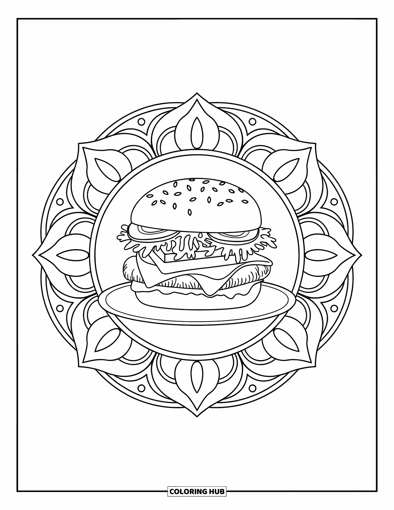 Fast Food Coloring Page for Adults: A classic cheeseburger is framed by a floral and leafy mandala design
