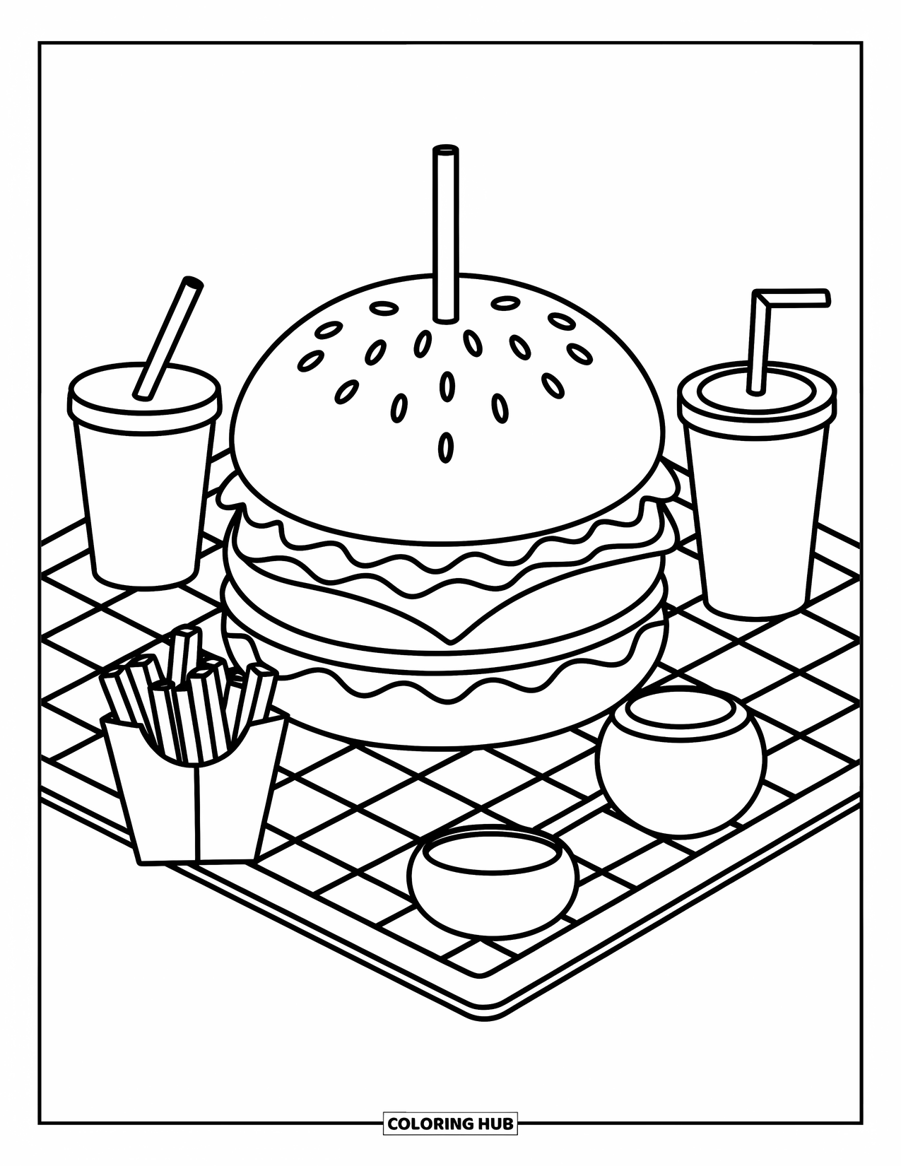 Fast Food Coloring Page for Adults: A cozy burger scene with fries, sauce cup, and fizzy drink on a checkered mat