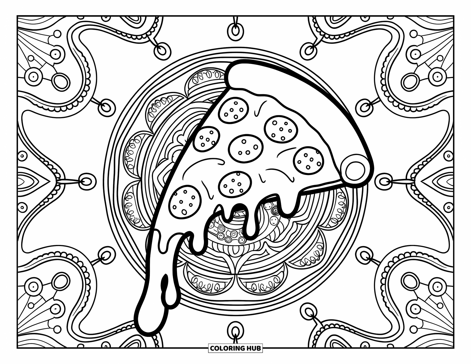 Fast Food Coloring Page for Adults: A flowing pizza slice rests inside a calm, decorative mandala