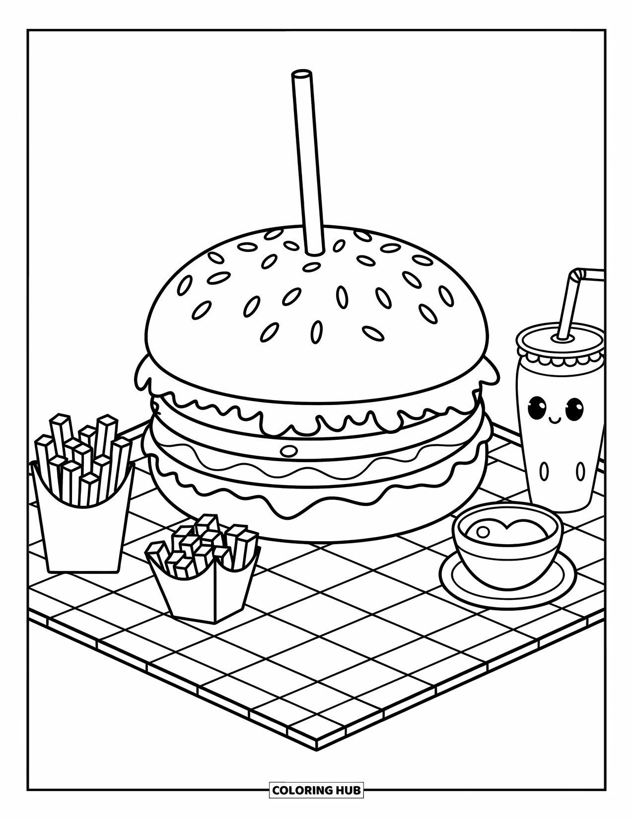 Fast Food Coloring Page for Adults: A giant kawaii burger sits with mini fries and a drink on a cozy picnic mat