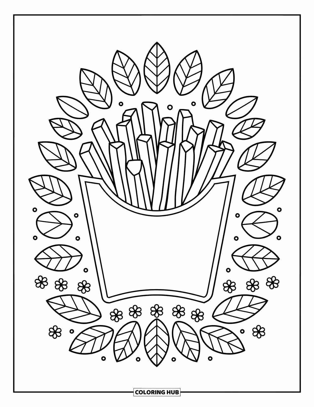 Fast Food Coloring Page for Adults: A patterned frame of leaves and flowers surrounds a box of fries