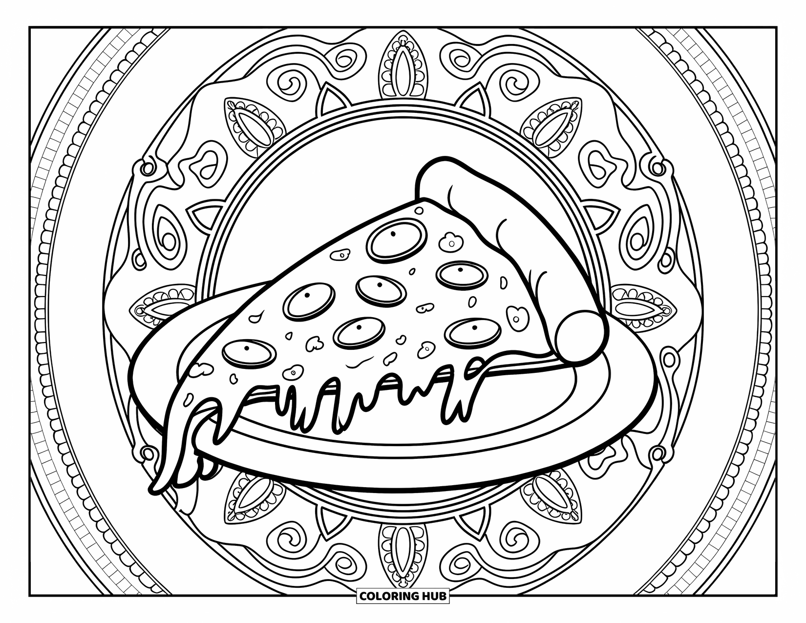 Fast Food Coloring Page for Adults: A pizza slice with dripping cheese is framed by a paisley-style mandala