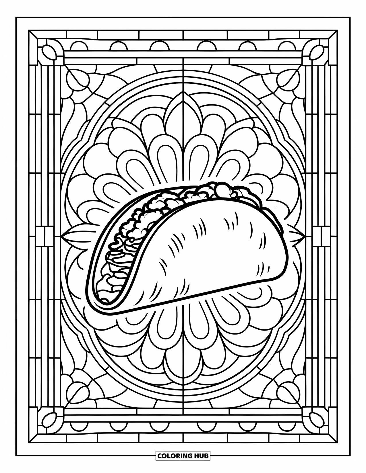 Fast Food Coloring Page for Adults: A stuffed taco is framed by stained glass-style decorative patterns