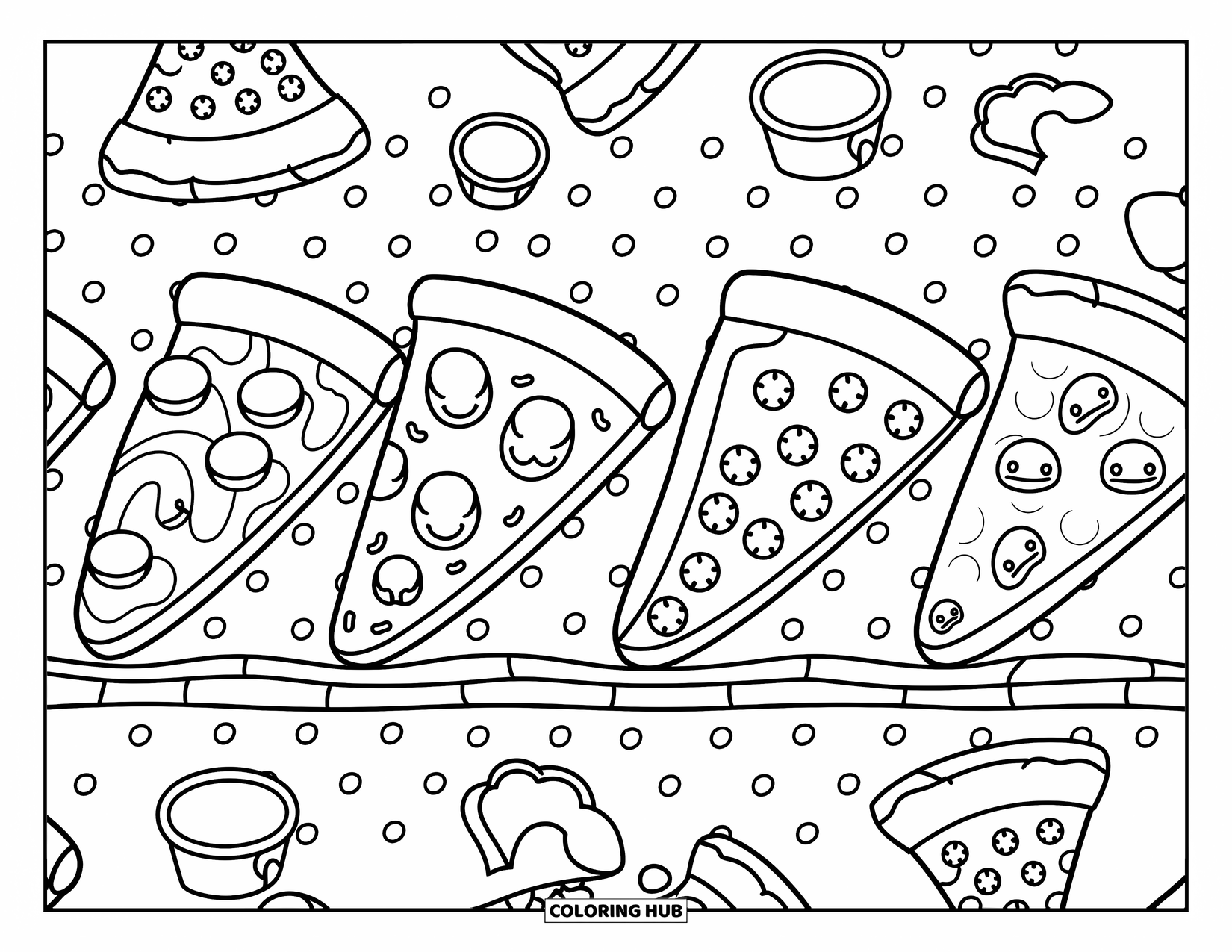 Fast Food Coloring Page for Adults: Adorable pizza slices with playful toppings sit beside garlic bread and dipping cups