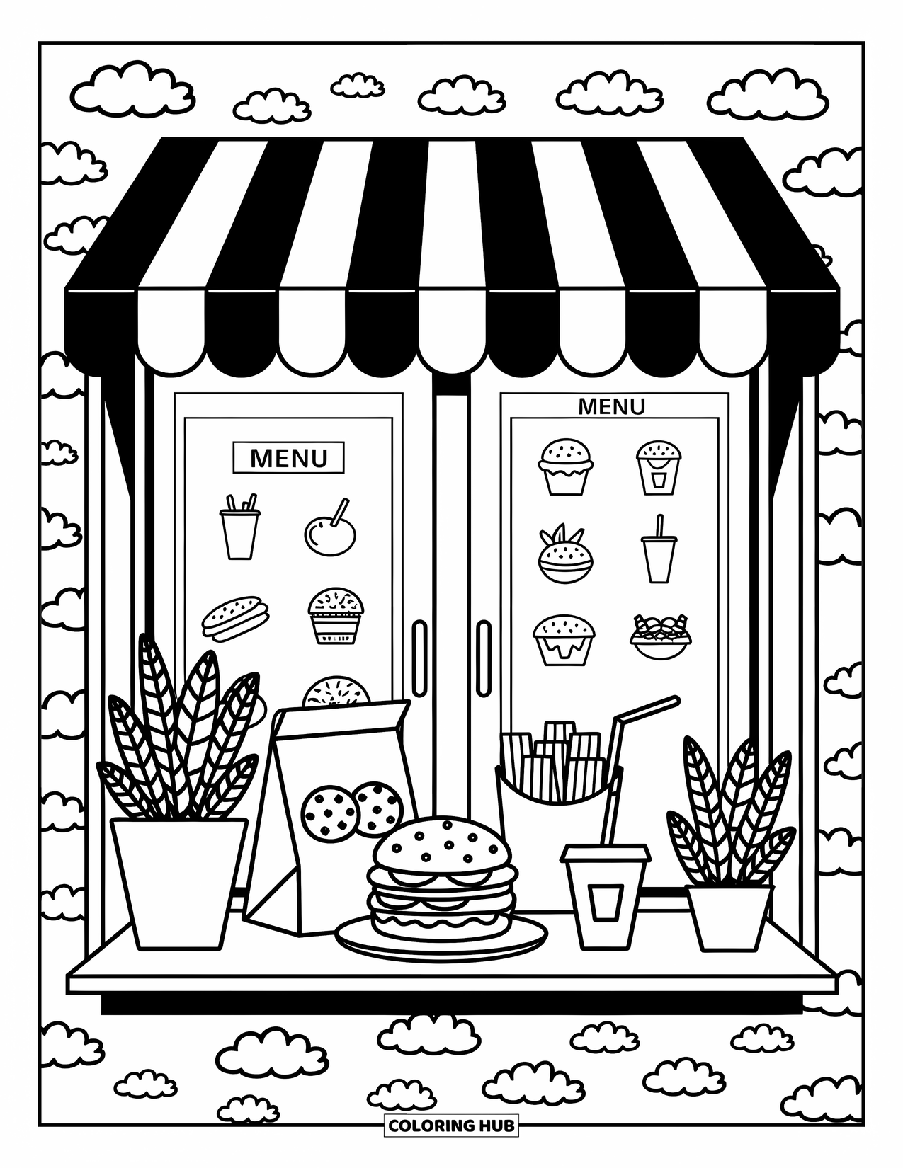 Fast Food Coloring Page for Adults: Burger, fries, and a drink rest on a drive-thru window ledge beside tiny cookie packs