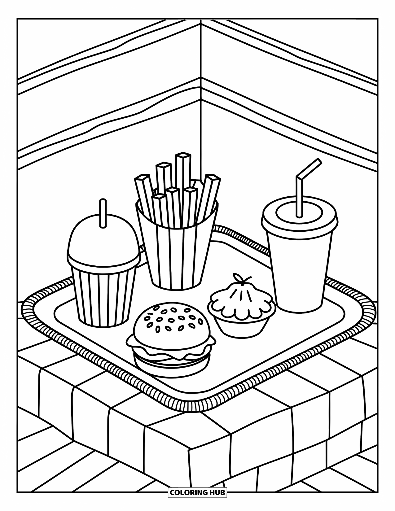 Fast Food Coloring Page for Adults: Cozy tray with burger, fries, apple pie, and a domed drink invites a sweet snack