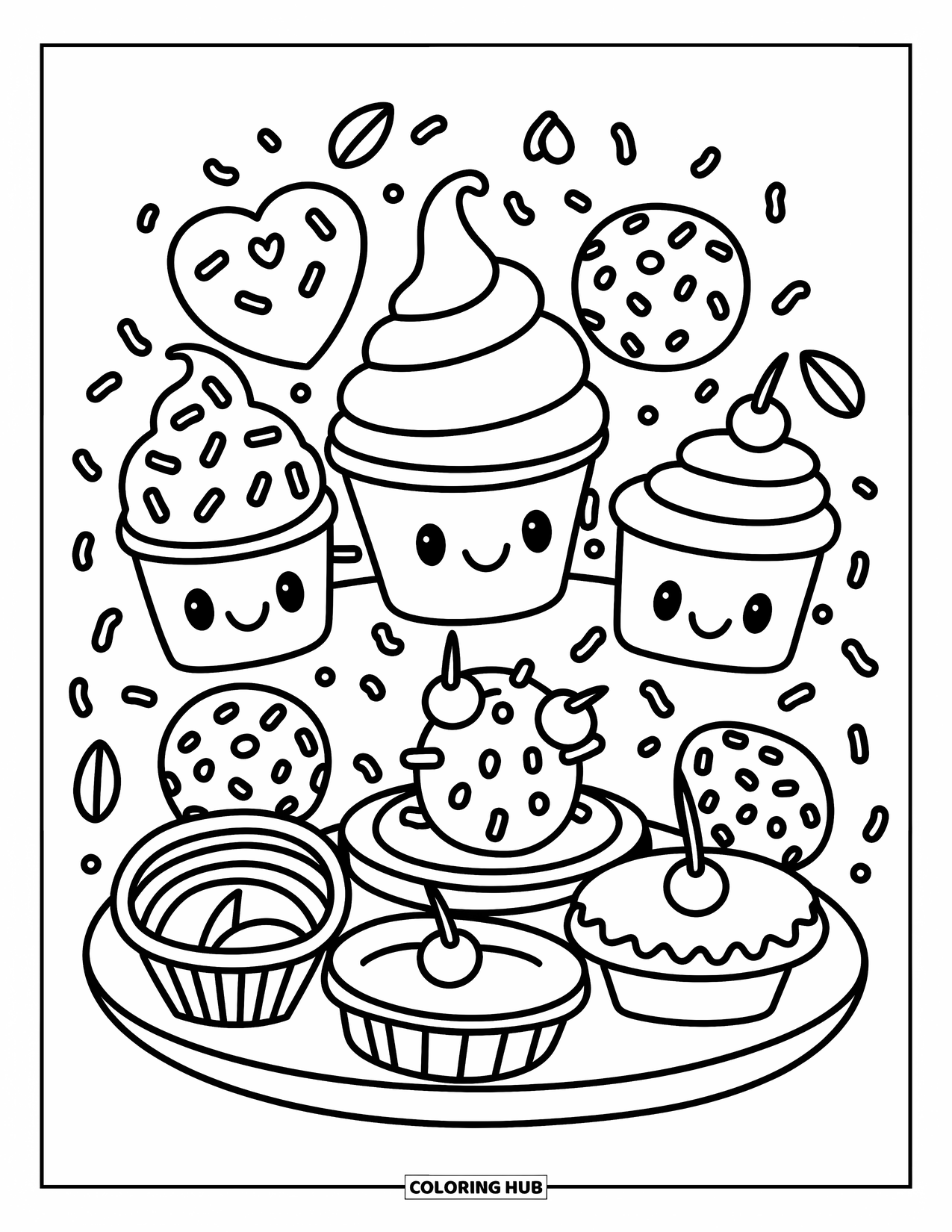 Fast Food Coloring Page for Adults: Dessert platter full of soft-serve cones, pie pockets, and cherry-topped sweets