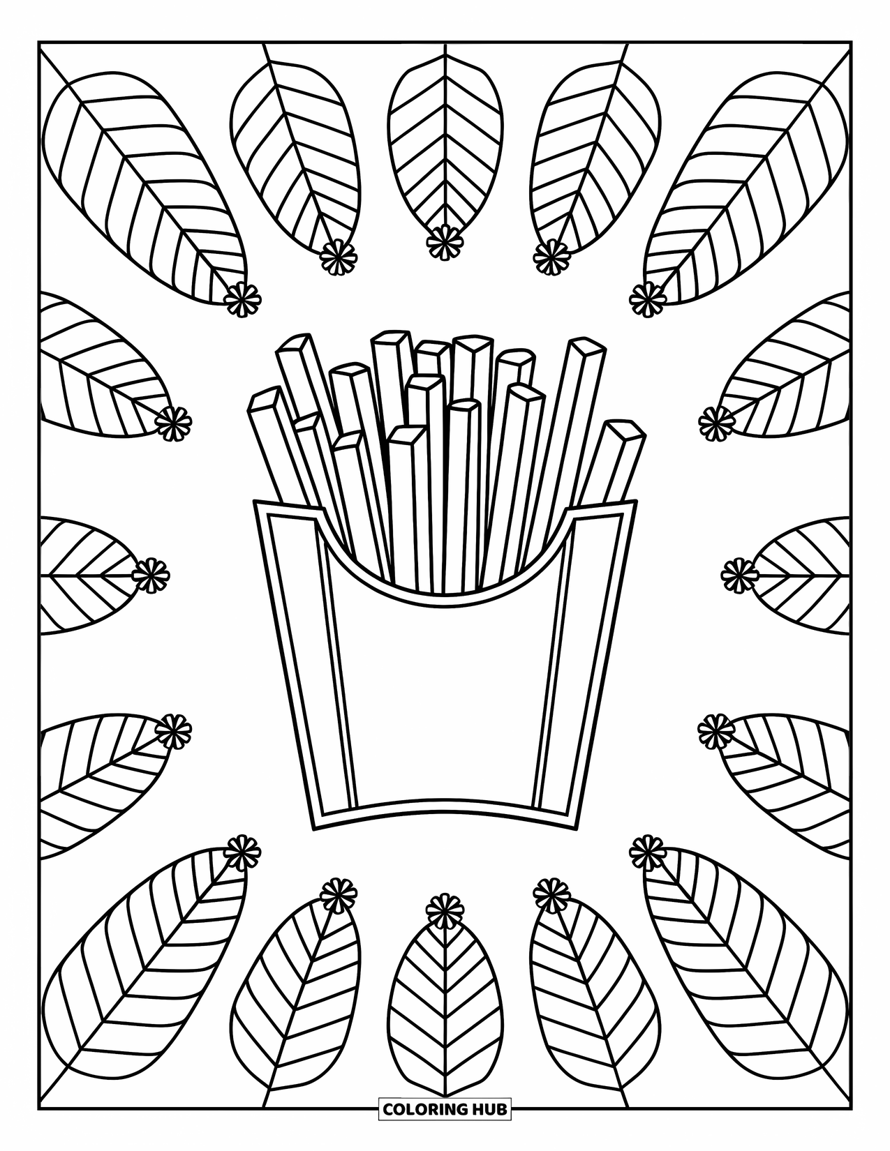 Fast Food Coloring Page for Adults: Fries sit in a floral and leafy mandala design