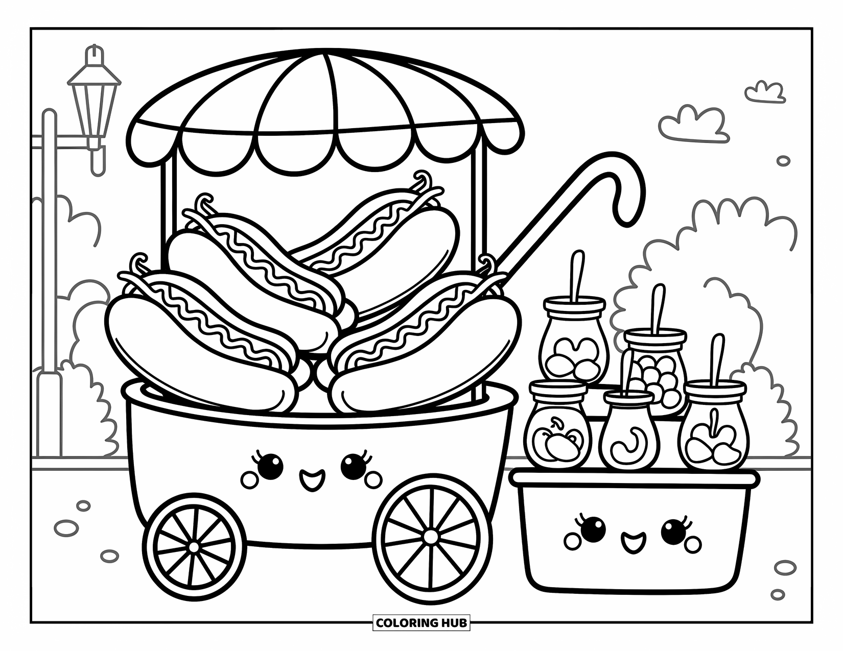 Fast Food Coloring Page for Adults: Hot dogs with ketchup and mustard sit in a cozy cart with toppings jars nearby