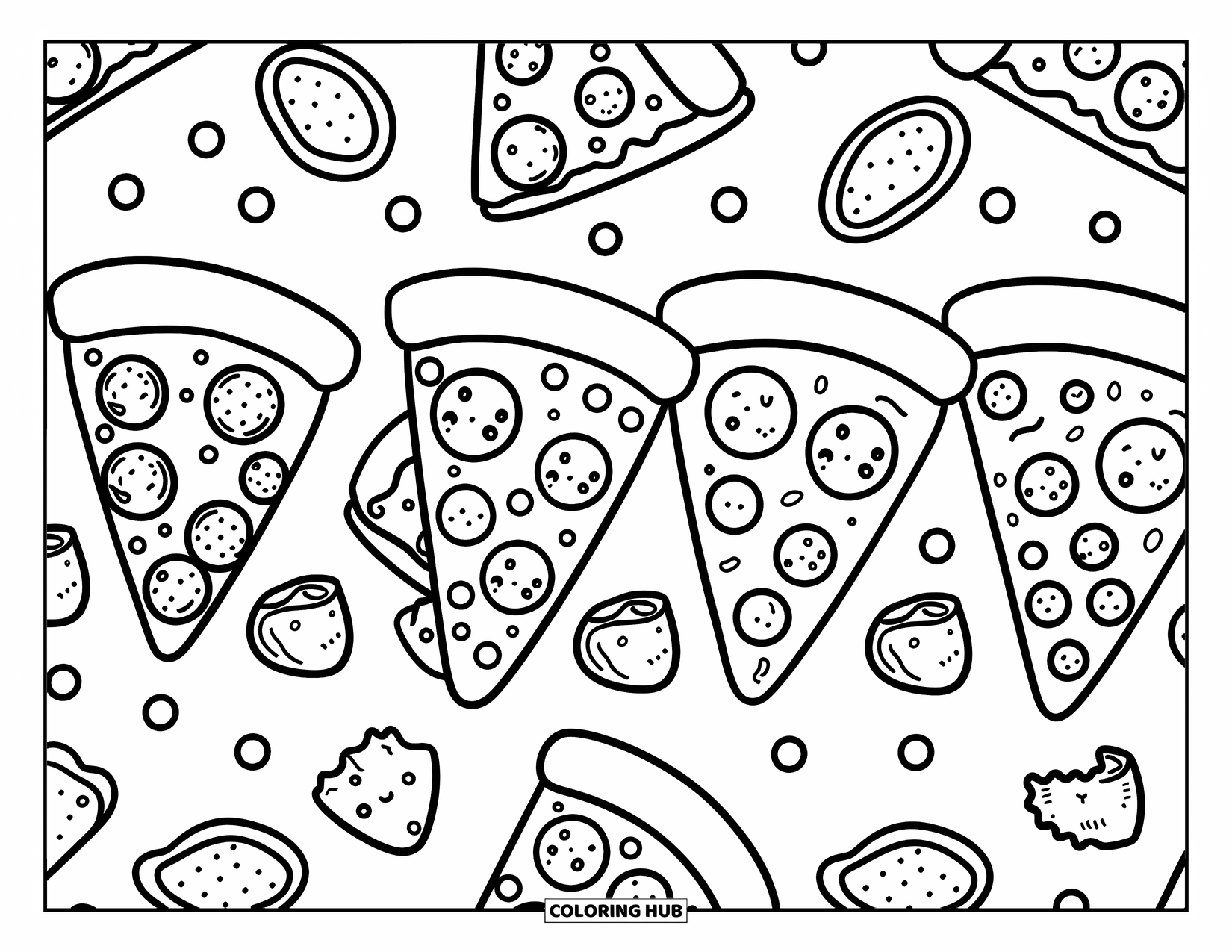 Fast Food Coloring Page for Adults: Whimsical pizza slices with kawaii toppings rest beside garlic bread and dipping sauces