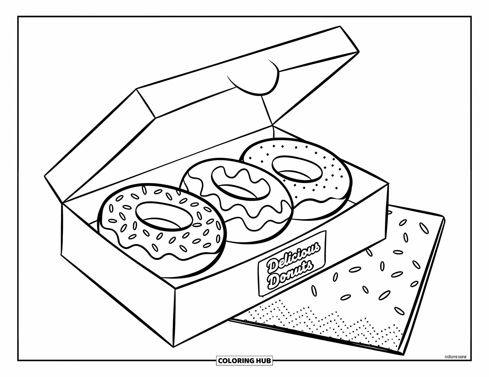 Fast Food Coloring Page for Kids: A donut box holds three tasty donuts with sprinkles and glaze beside a napkin