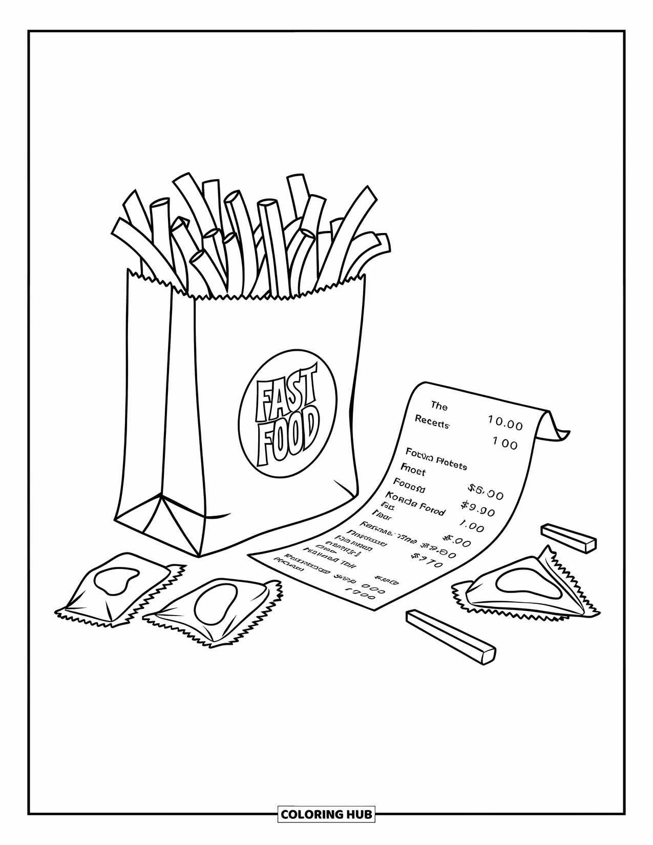 Fast Food Coloring Page for Kids: A Fast Food bag sits with scattered fries, ketchup, and a receipt