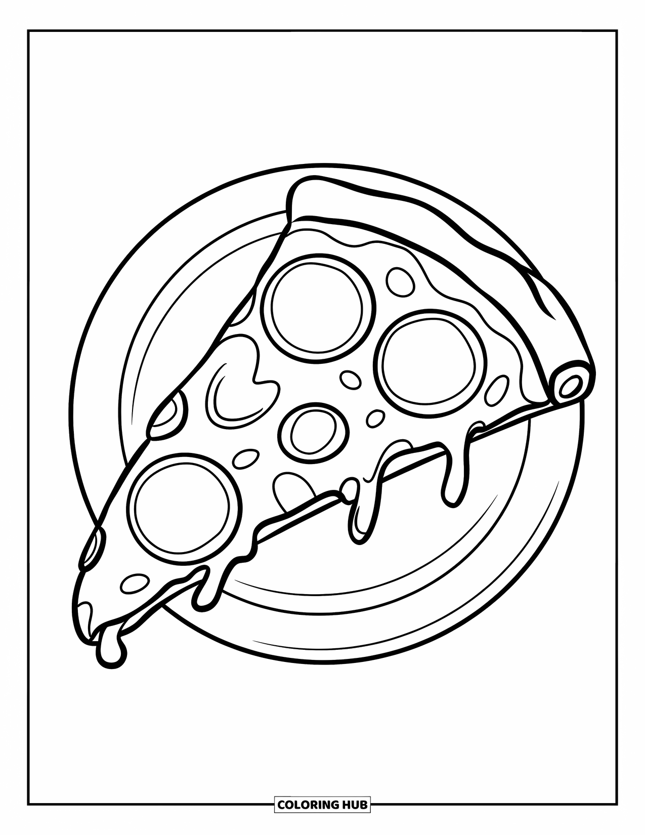 Fast Food Coloring Page for Kids: A giant pepperoni pizza slice with bold lines sits on a clean background