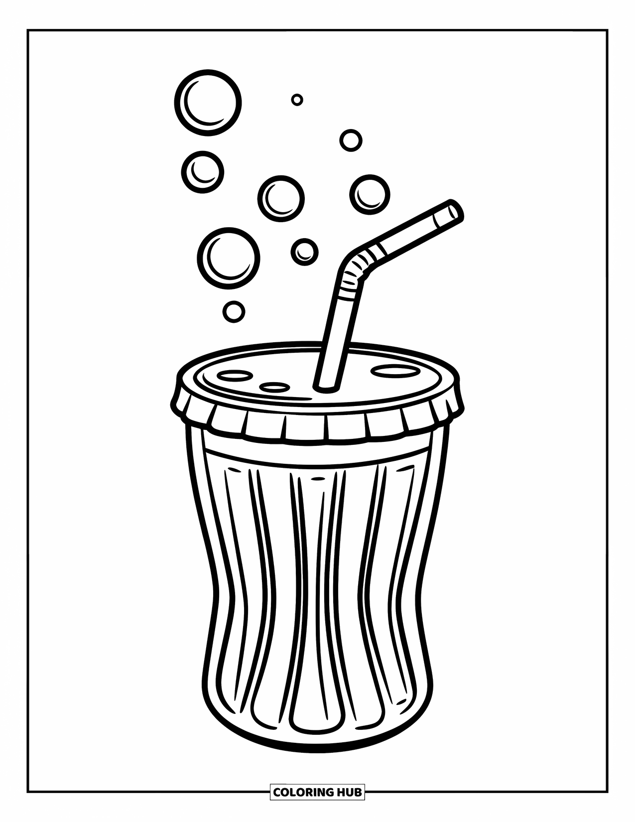 Fast Food Coloring Page for Kids: A happy soda cup with straw and bubbles rises on a blank background