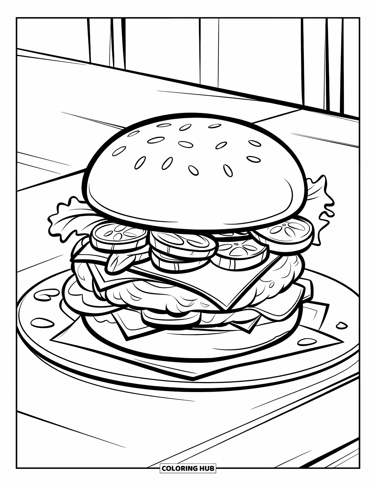 Fast Food Coloring Page for Kids: A juicy cheeseburger with pickles and ketchup dots sits on a white plate