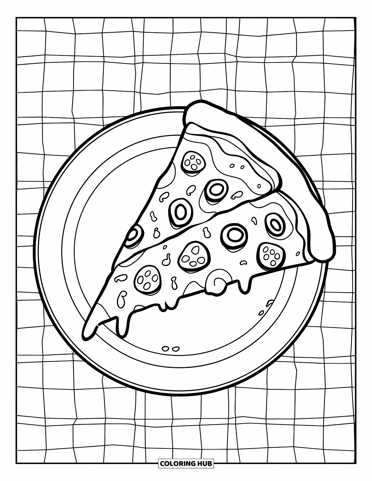 Fast Food Coloring Page for Kids: A pizza slice with cheese stretch and toppings sits on a plate
