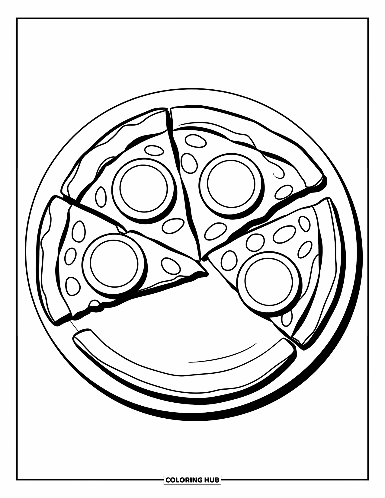 Fast Food Coloring Page for Kids: A pizza slice with three bold pepperonis rests on a plain white plate