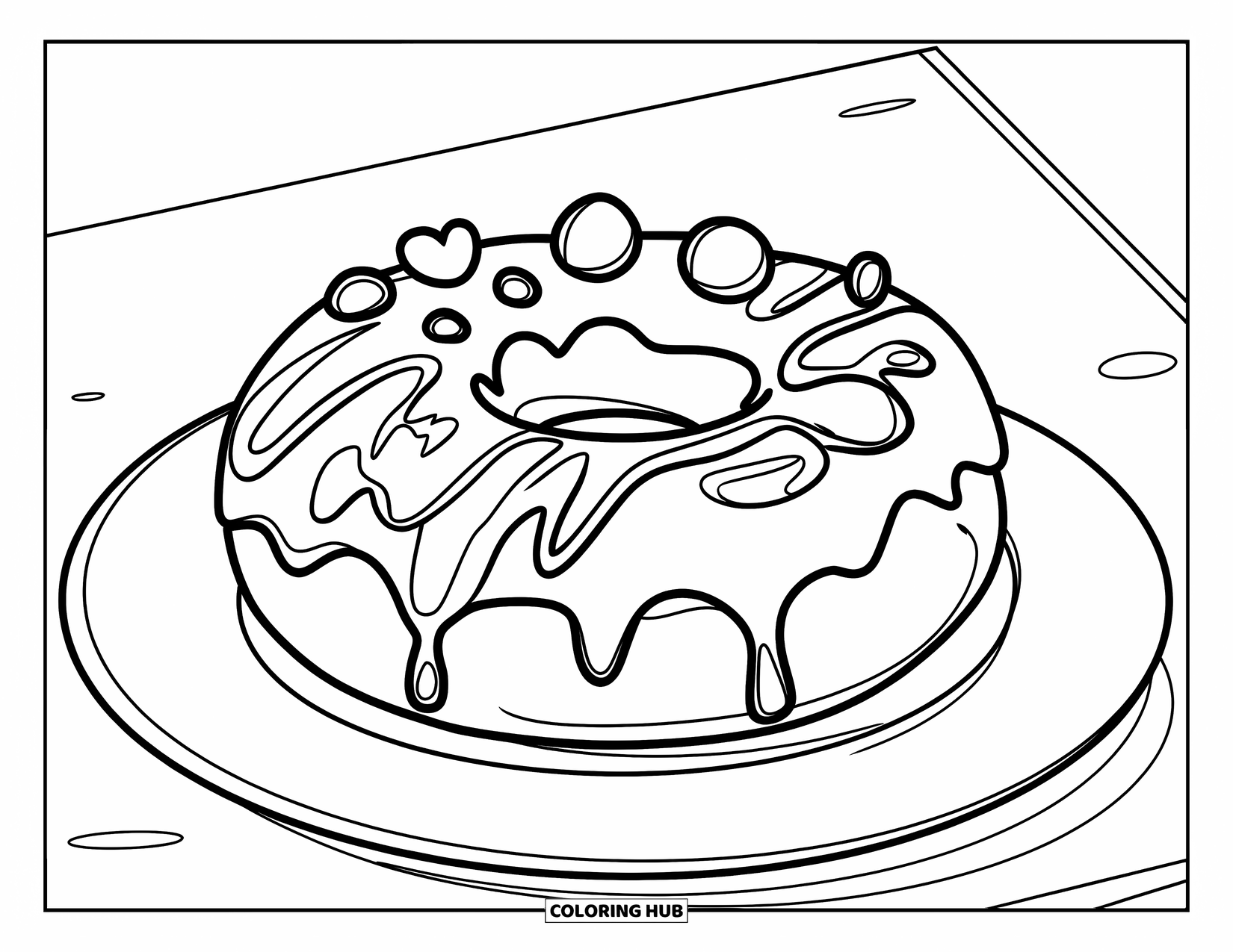 Fast Food Coloring Page for Kids: A simple donut with icing and toppings sits on a white plate