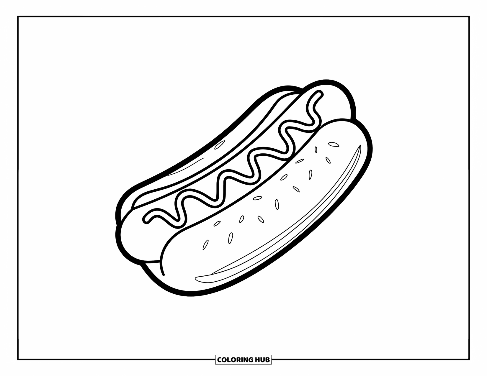 Fast Food Coloring Page for Kids: A simple hotdog with mustard sits centered on a white background