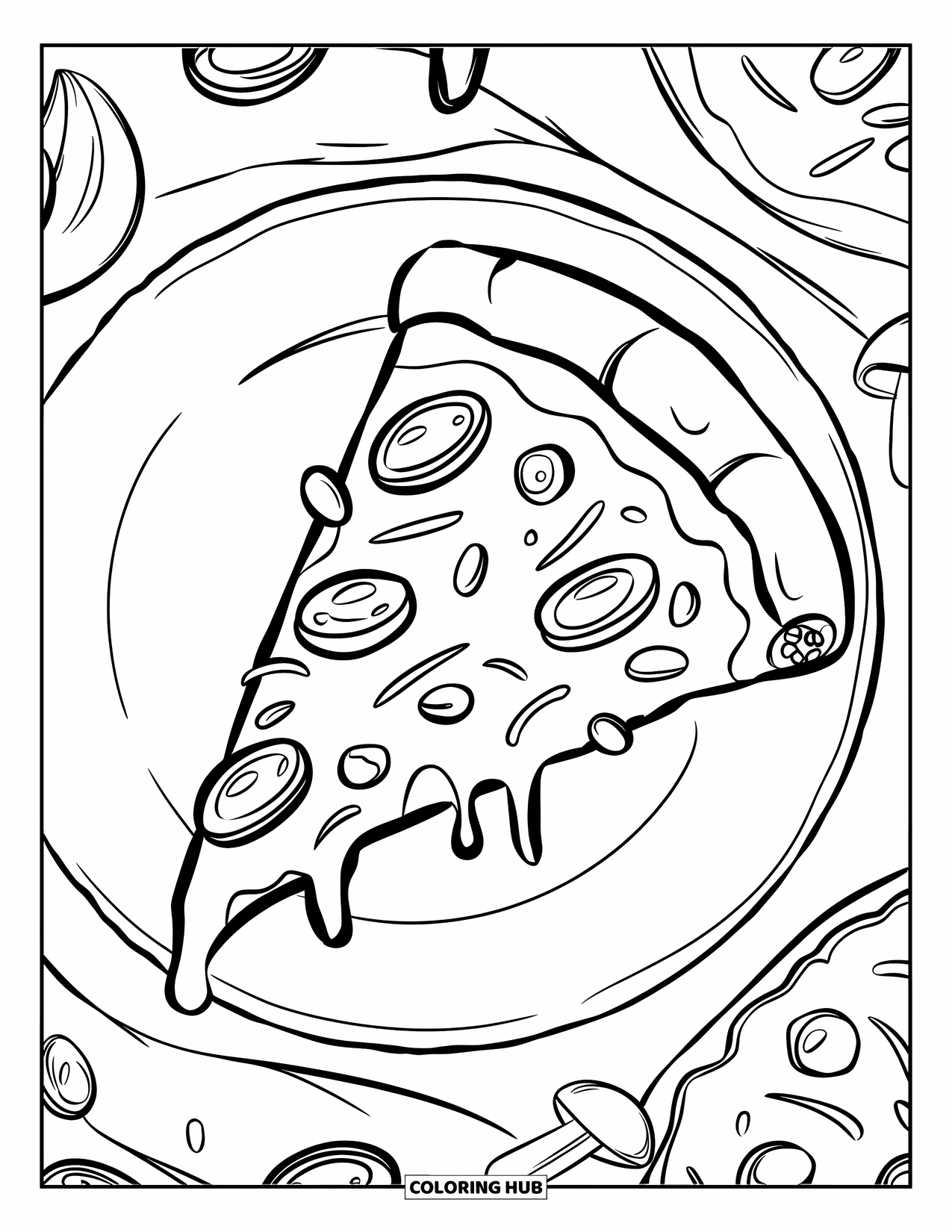 Fast Food Coloring Page for Kids: A slice of pizza with stretchy cheese rests on a plate
