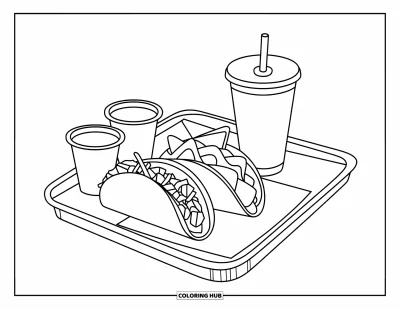 어린이를 위한 패스트푸드 색칠공부: 나초, 음료, 미니 소스 컵이 곁들여진 타코 트레이가 맛있어 보여요