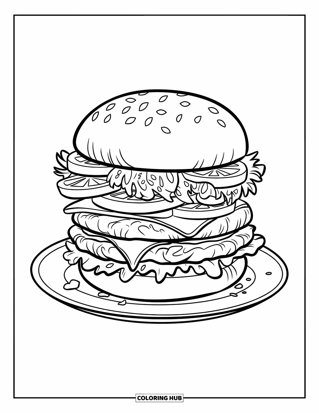 Fast Food Coloring Page for Kids: A tall cheeseburger with toppings and crumbs rests neatly on a white plate