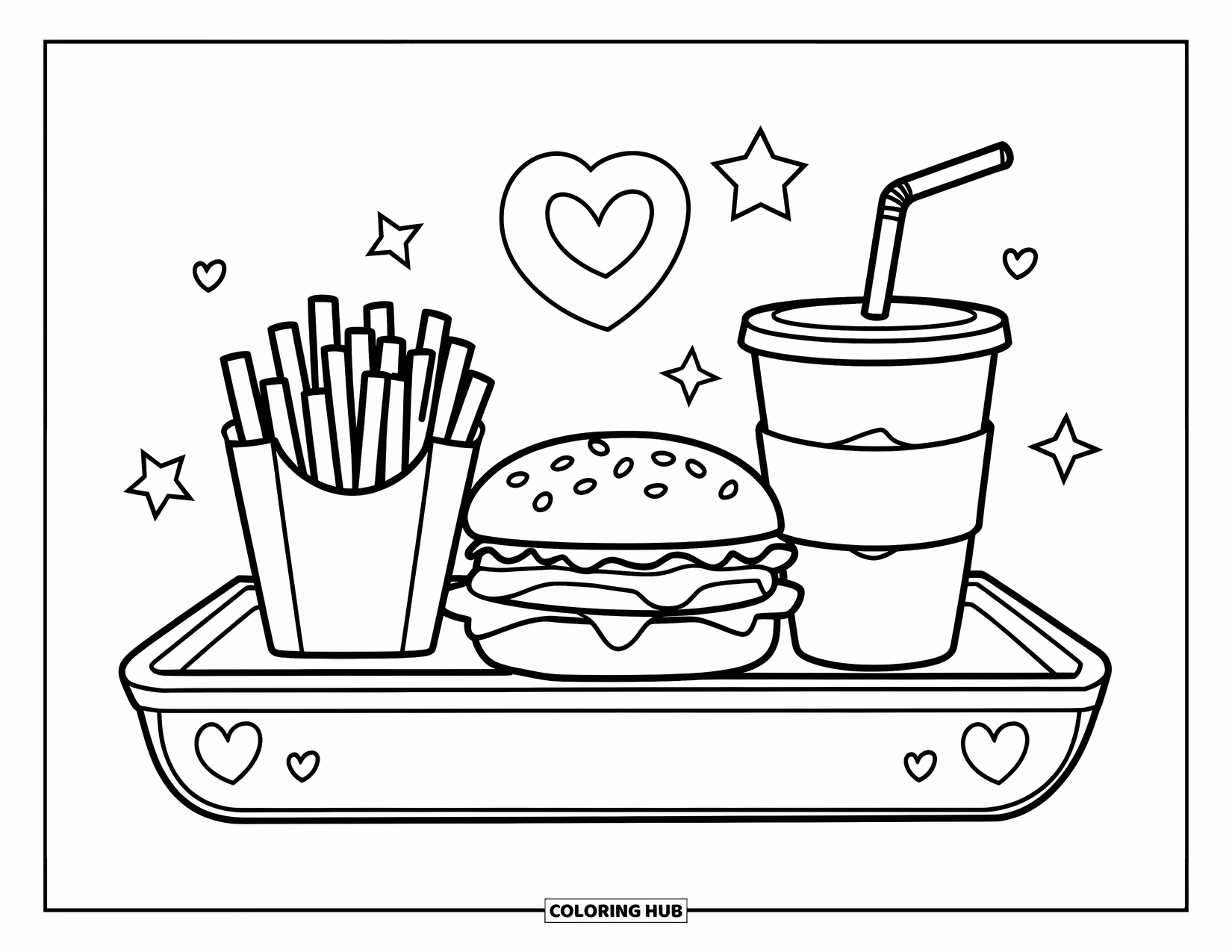 Fast Food Coloring Page for Kids: A welcome tray holds burger, fries, soda, and cute stars and hearts