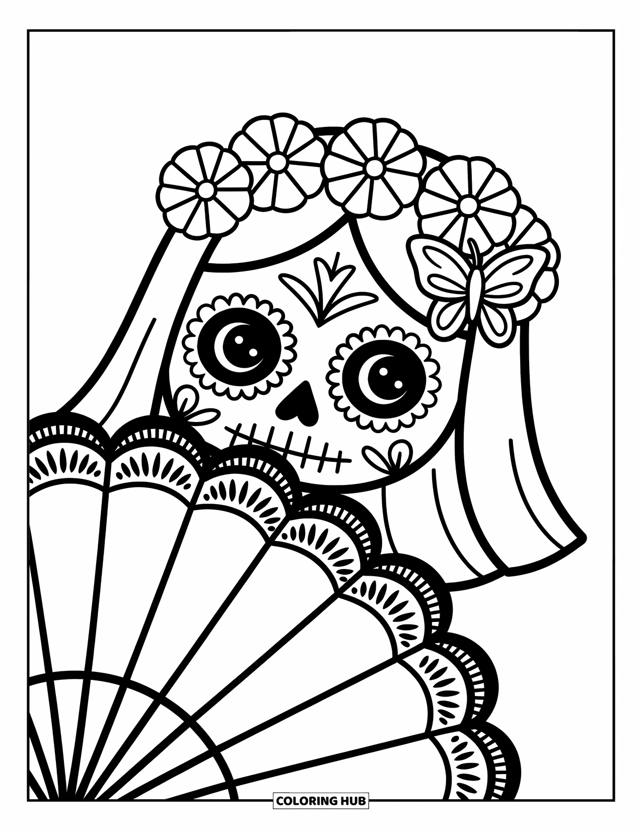 Female Sugar Skull Coloring Page for Adults: Cute sugar skull girl behind a fan with flowers and a butterfly clip