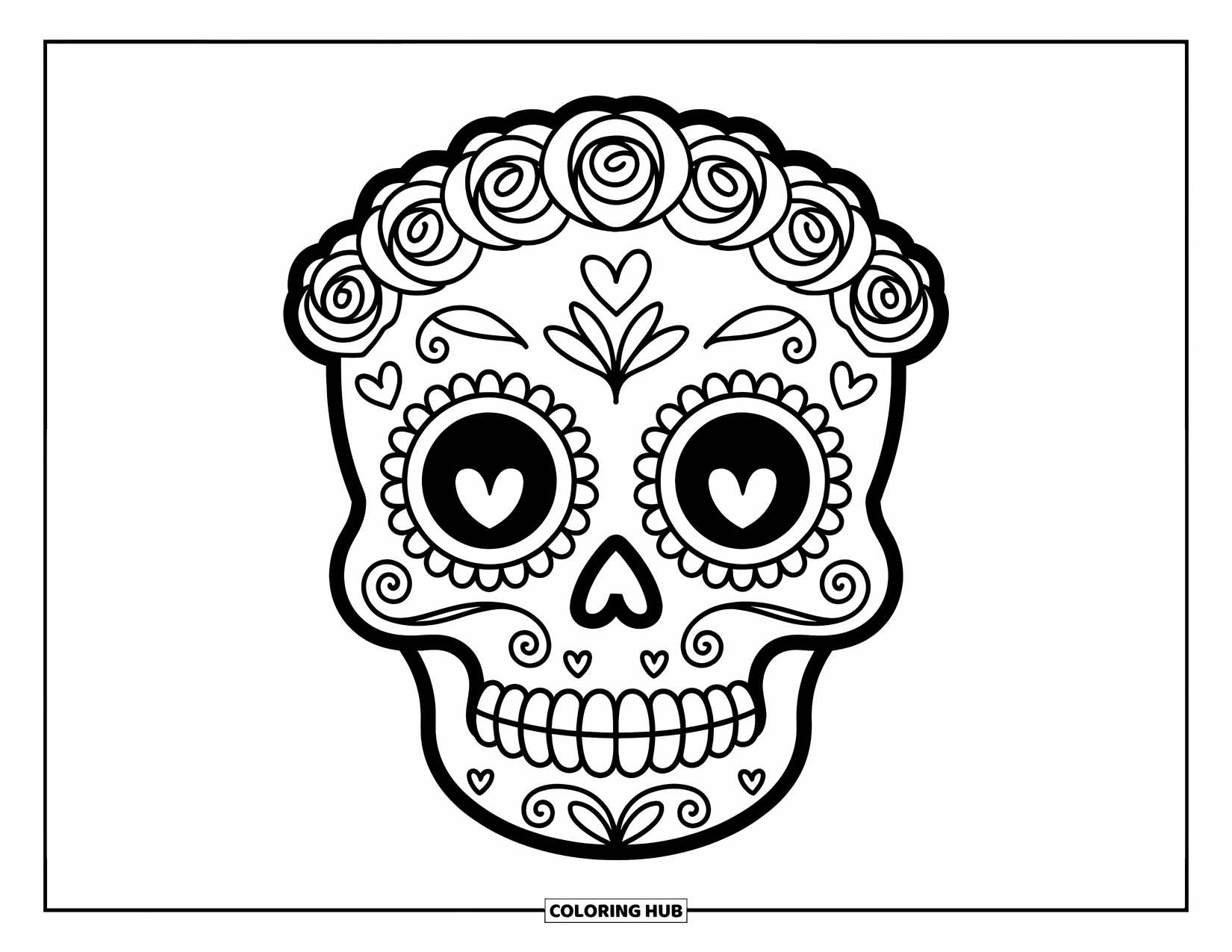 Female Sugar Skull Coloring Page for Adults: Cute sugar skull with flower crown, heart-ringed eyes, and butterfly-shaped swirls
