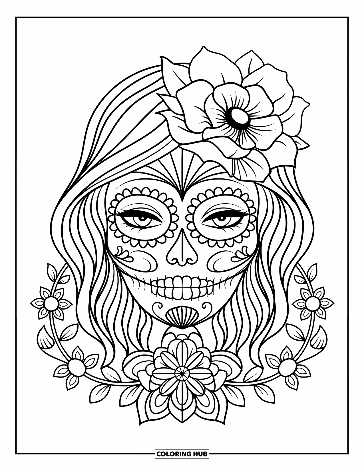 Female Sugar Skull Coloring Page for Adults: Female sugar skull with flower crown and lace-framed face
