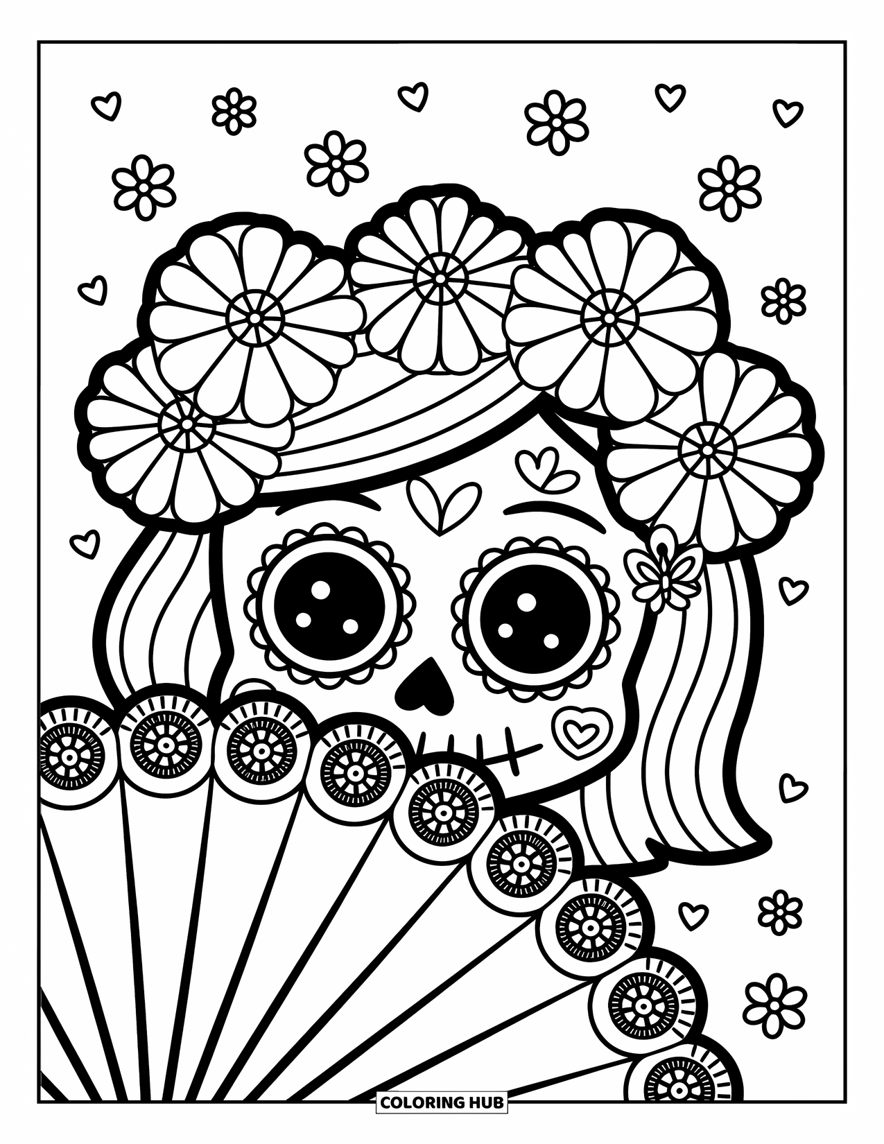 Female Sugar Skull Coloring Page for Adults: Skull girl hiding behind a fan with marigolds and soft background doodles