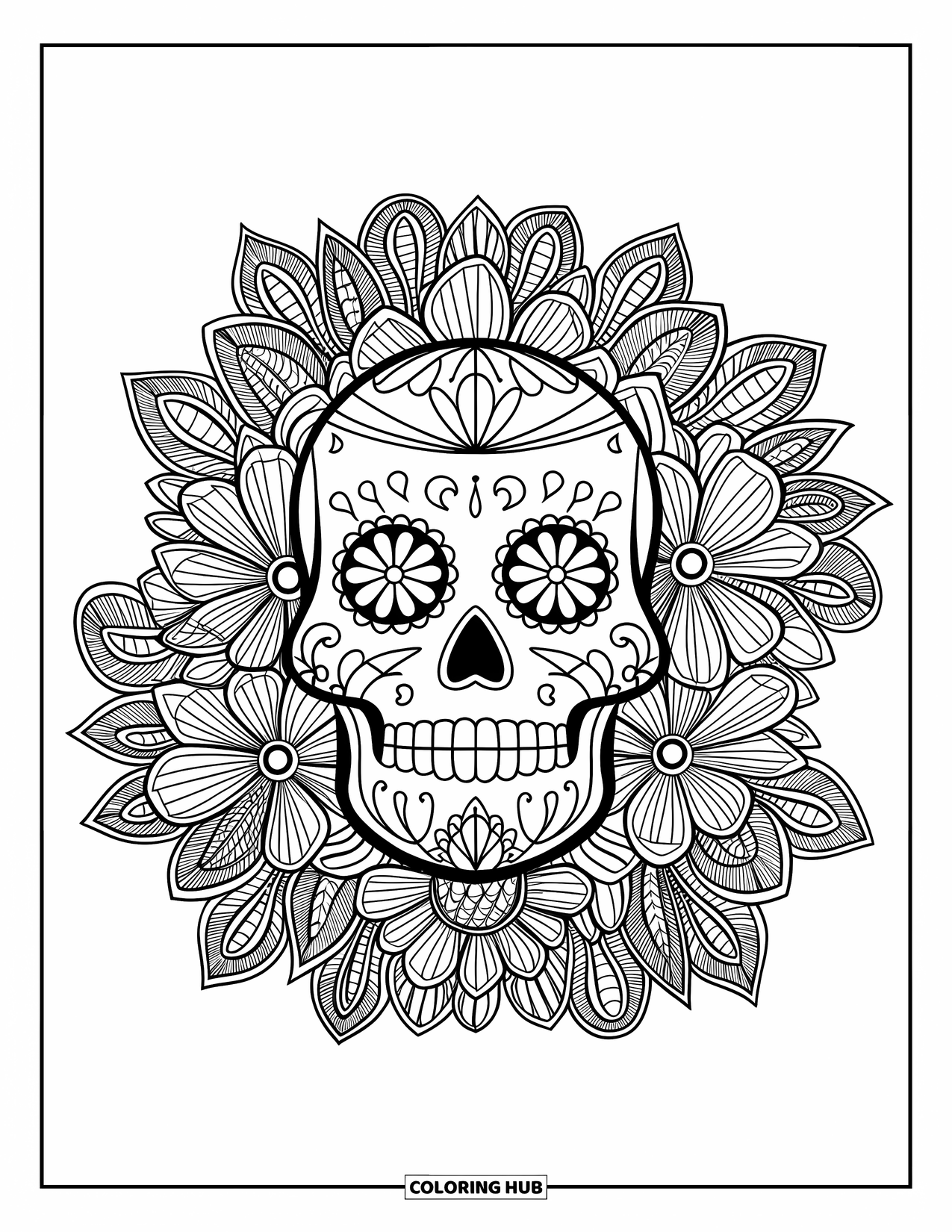 Female Sugar Skull Coloring Page for Adults: Skull with mandala flowers in a circular, floral layout
