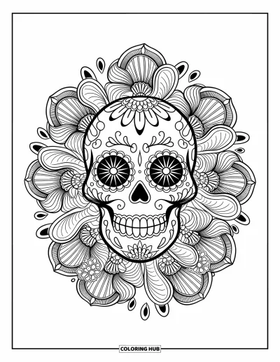 Tegning af kvindeligt sukkerhoved til voksne: Smilende sukkerhoved med spidse tænder og blomstermandalas rundt om
