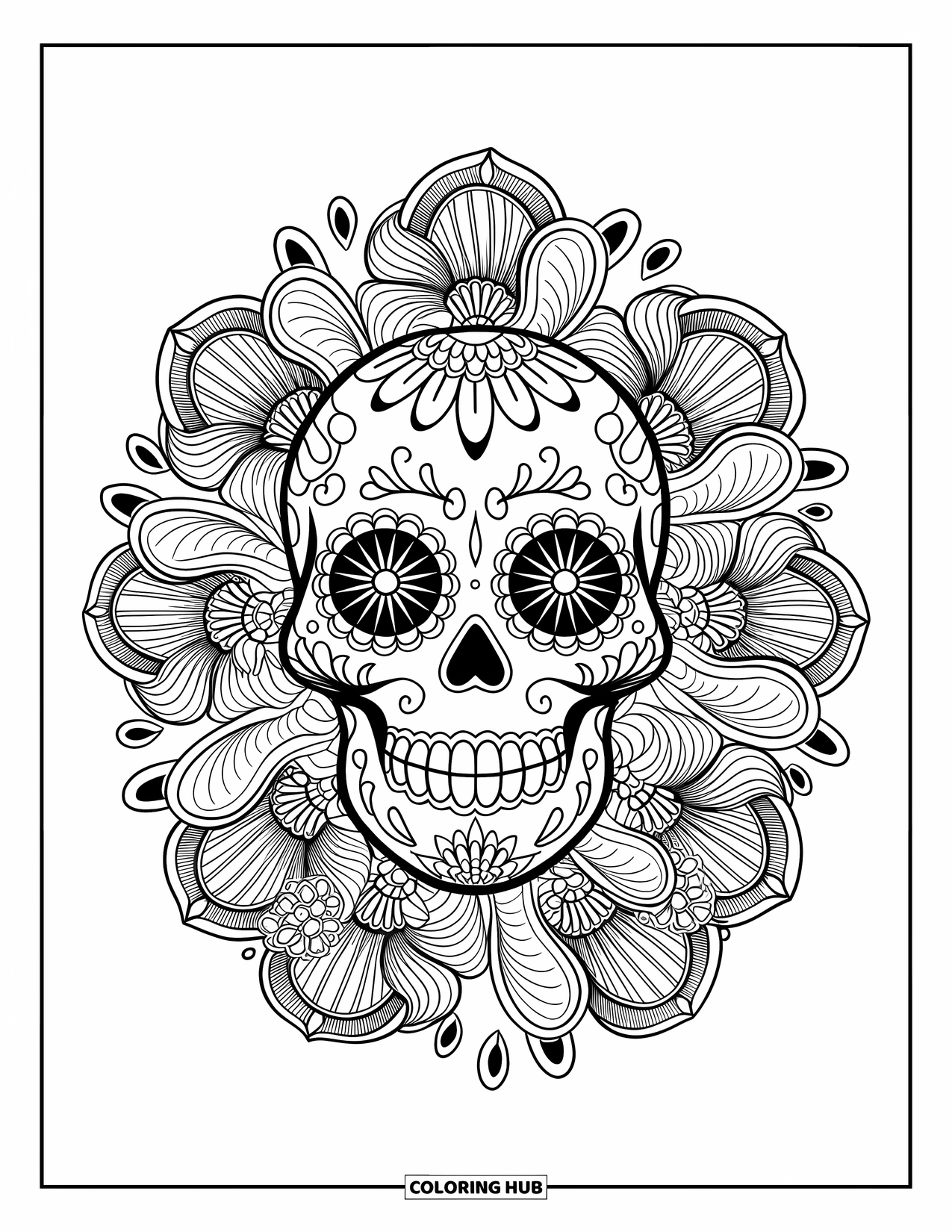 Female Sugar Skull Coloring Page for Adults: Smiling skull with sharp teeth and flower mandalas around it