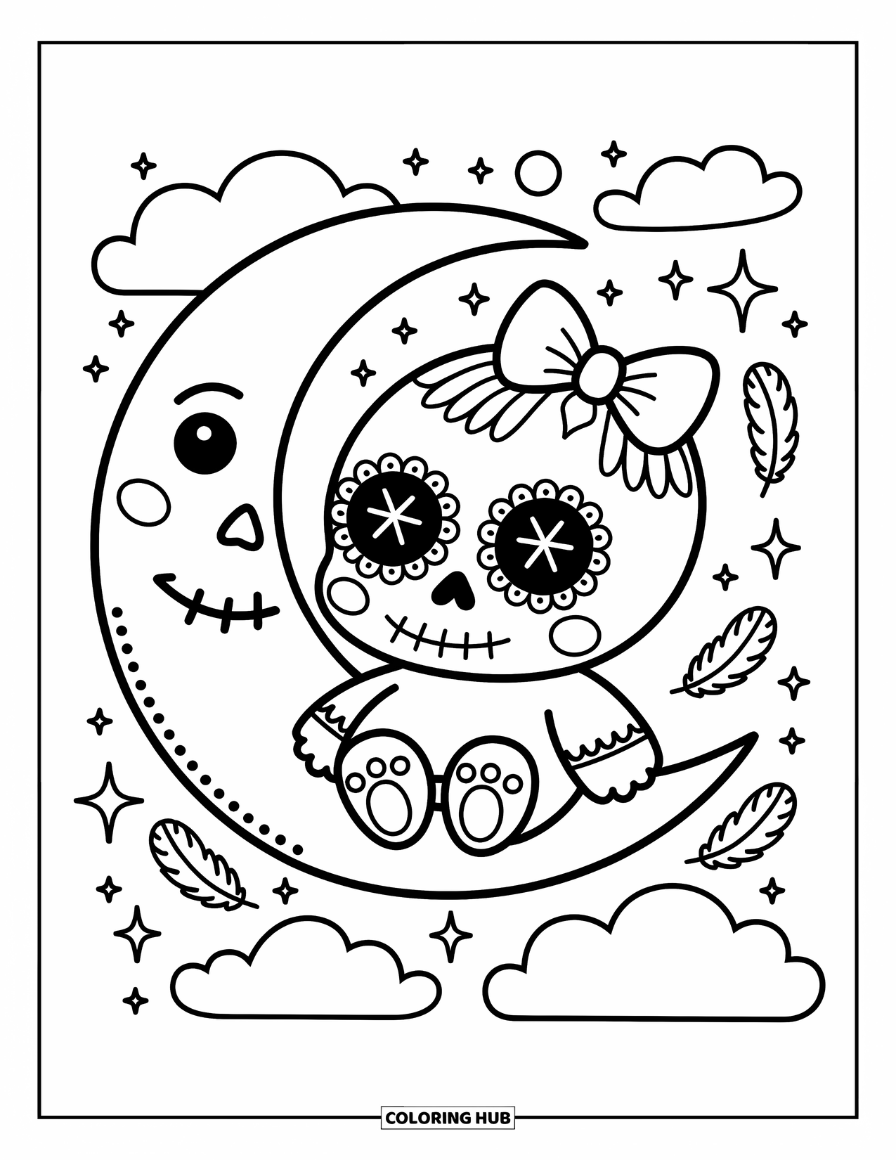 Female Sugar Skull Coloring Page for Adults: Sugar skull with a frilly bow sitting on a crescent moon